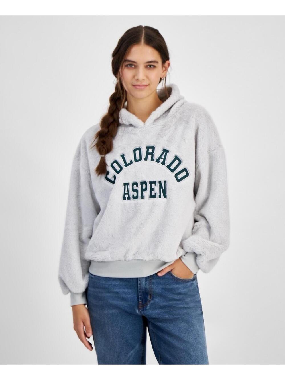 $70 Planet Heart Juniors' Cozy Faux-Fur Hoodie - Quiet Grey M